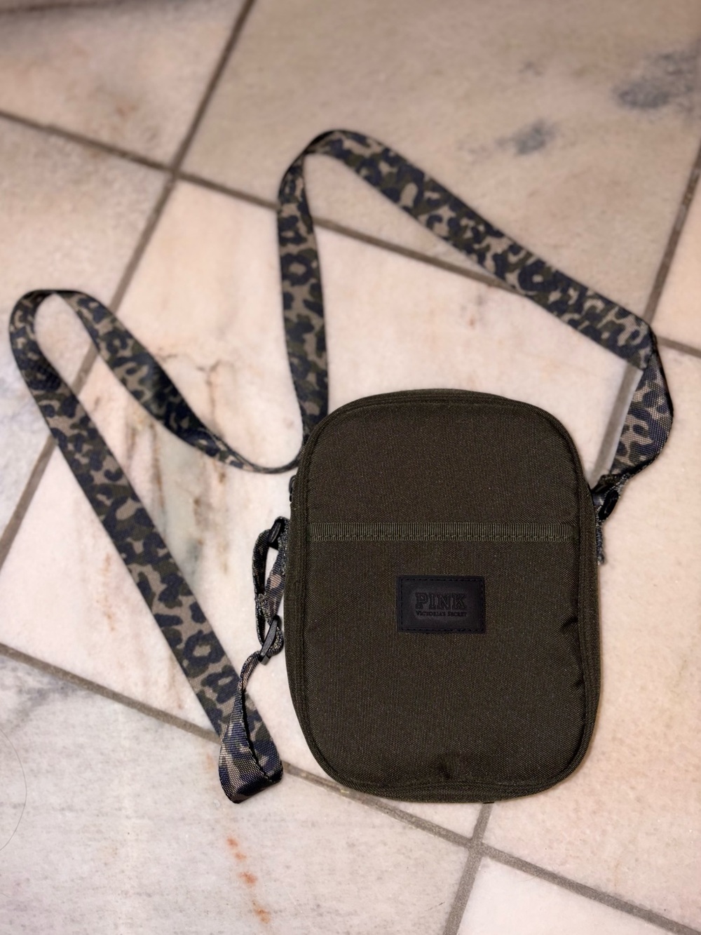 NEW PINK Victoria's Secret Olive Green Crossbody with Camo Leopard-Print Strap